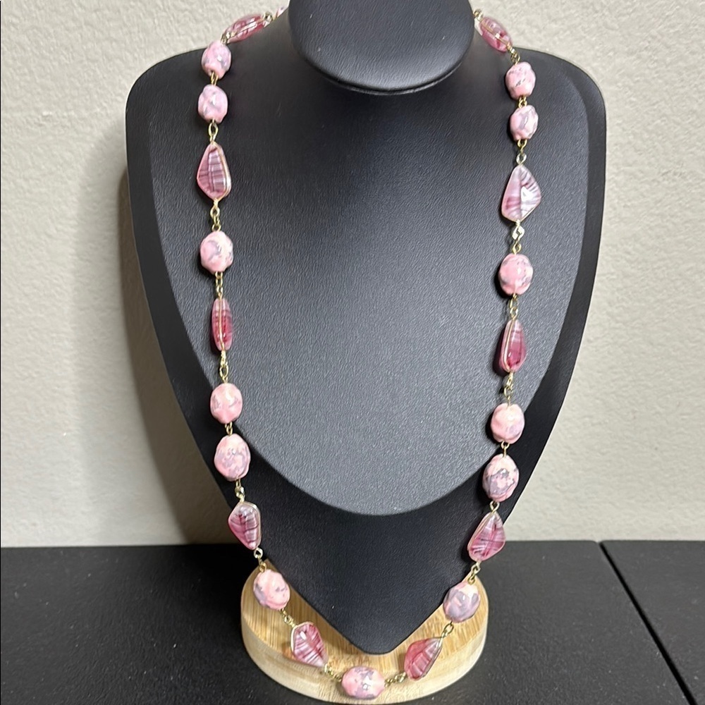 Vintage West Germany Glass Ceramic Beaded Pink Gold Tone Necklace Retro Grandma